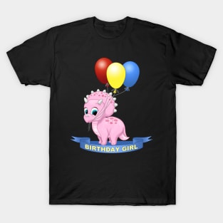 Birthday Girl Cute Pink Triceratops Dinosaur T-Shirt